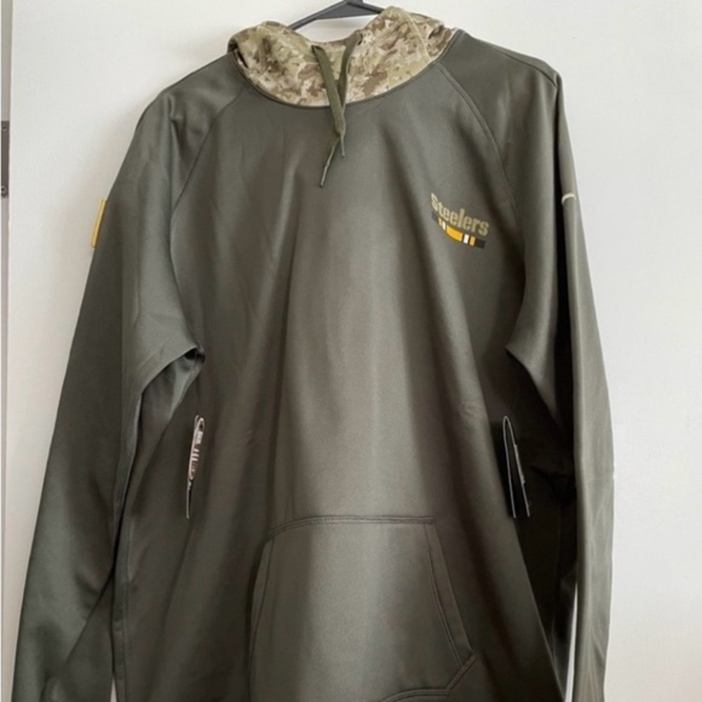 Steelers salute to service Nike Olive Green Hoodie with Camouflage Hood